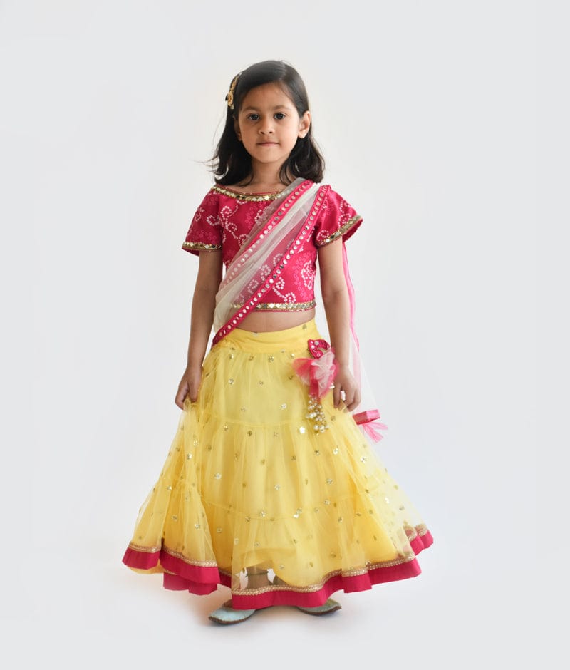 Pink Cotton Yellow Boti Net Lehenga with Choli Boti Net Dupatta for Girls