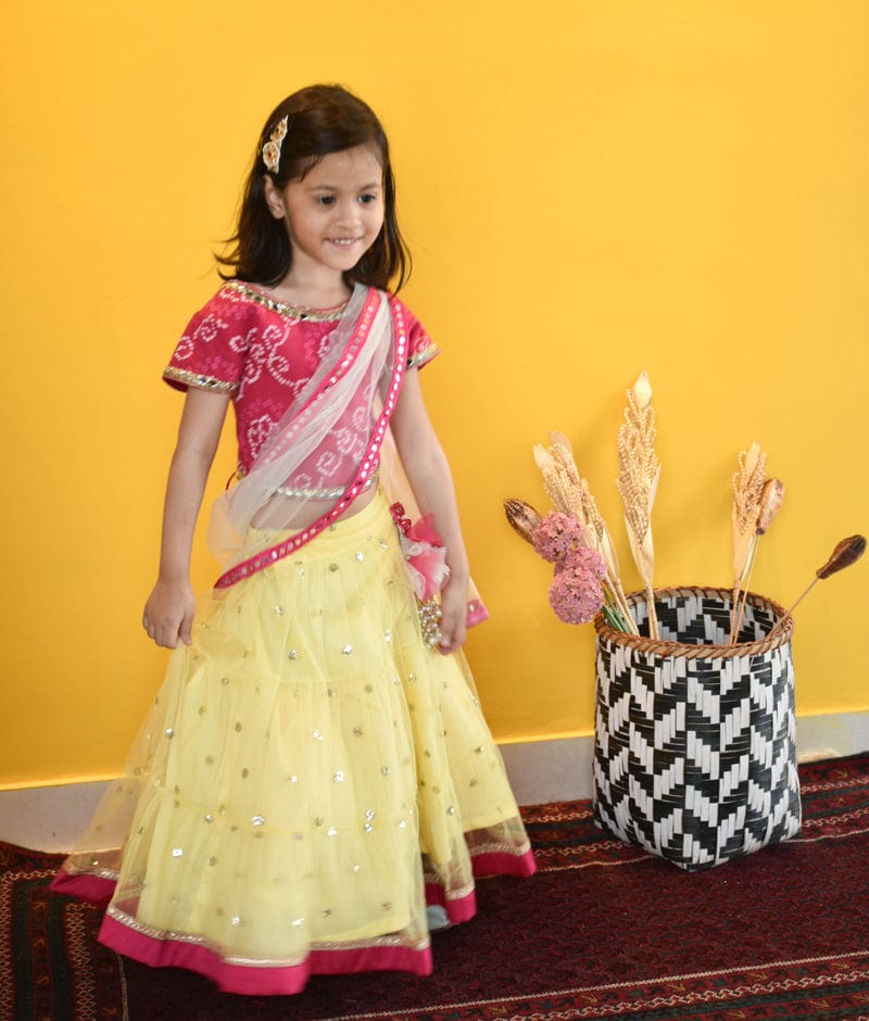 Pink Cotton Yellow Boti Net Lehenga with Choli Boti Net Dupatta for Girls