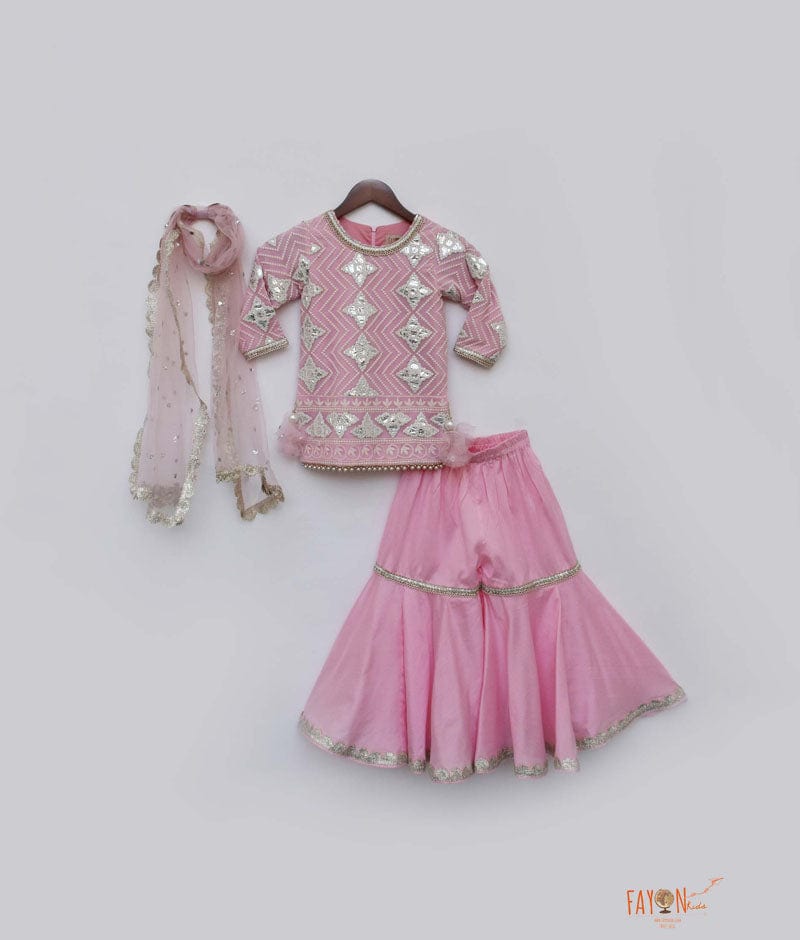 Pink Gota Embroidery Pink Silk Sharara with Kurti Boti Net Dupatta for Girls