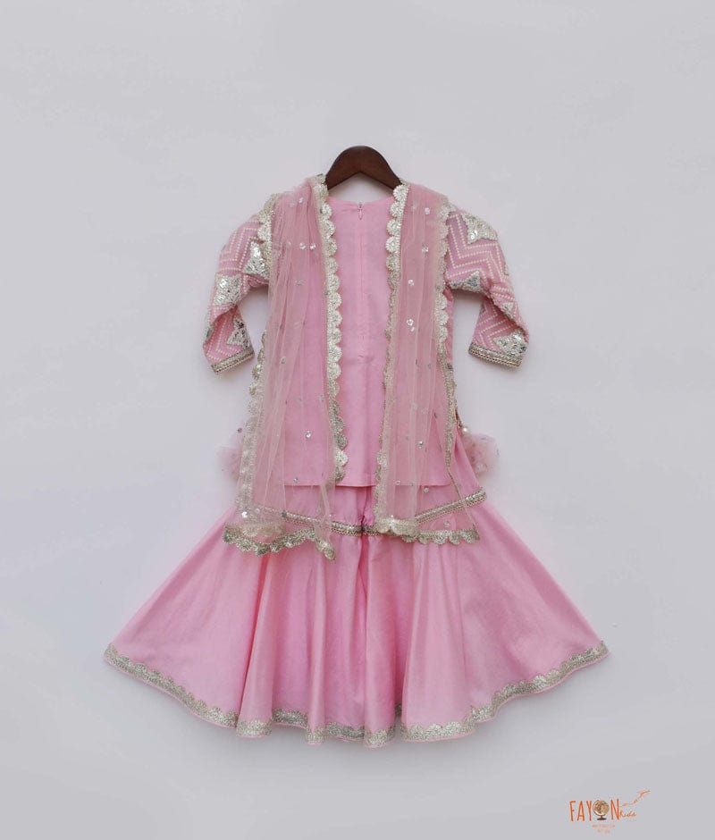Pink Gota Embroidery Pink Silk Sharara with Kurti Boti Net Dupatta for Girls