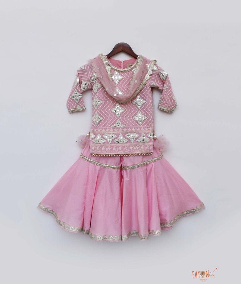 Pink Gota Embroidery Pink Silk Sharara with Kurti Boti Net Dupatta for Girls