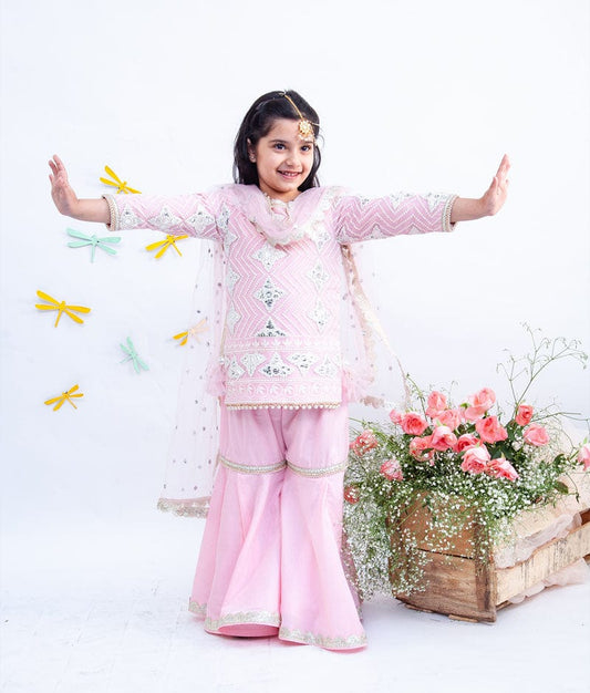 Pink Gota Embroidery Pink Silk Sharara with Kurti Boti Net Dupatta for Girls