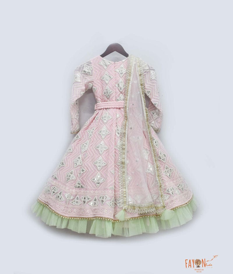 Pink Gota Green Net Frill Embroidery Anarkali with Net Dupatta for Girls