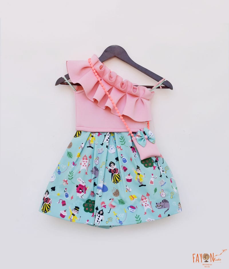 Pink Neoprene Aqua Printed Crop Top with Skirt for Girls