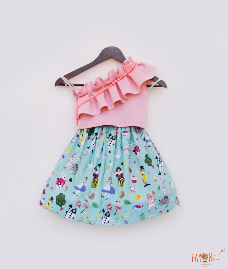Pink Neoprene Aqua Printed Crop Top with Skirt for Girls