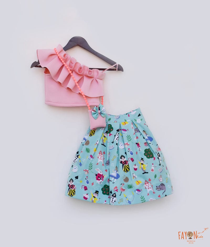 Pink Neoprene Aqua Printed Crop Top with Skirt for Girls