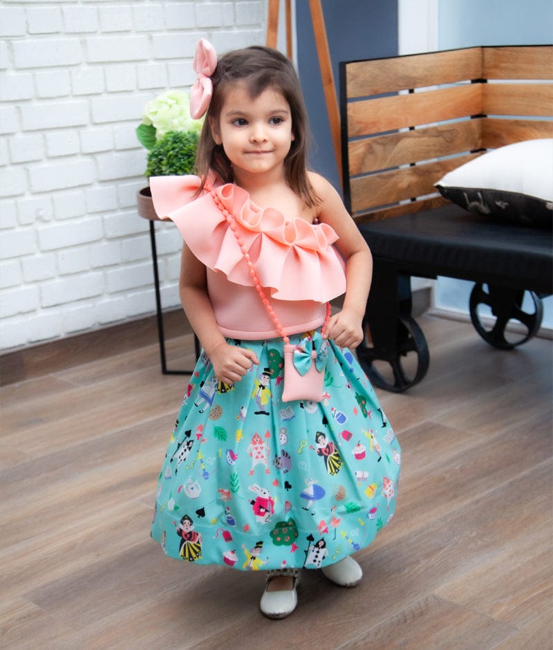 Pink Neoprene Aqua Printed Crop Top with Skirt for Girls