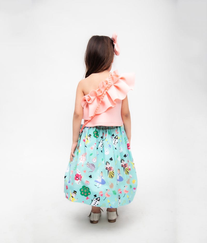 Pink Neoprene Aqua Printed Crop Top with Skirt for Girls