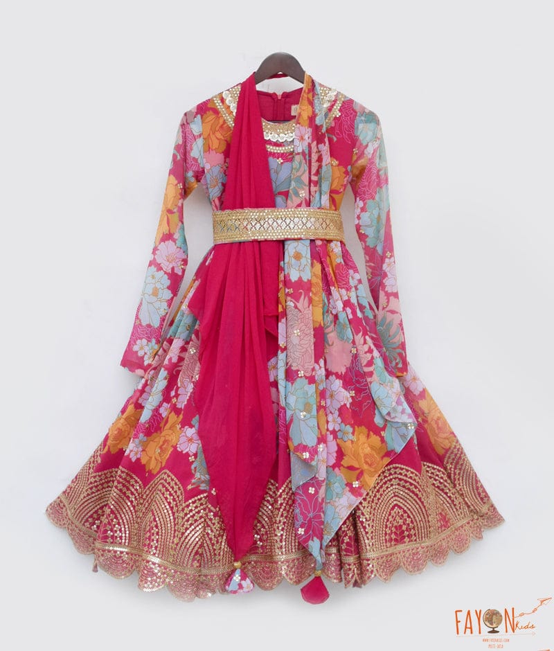 Pink Printed Anarkali Georgette Dupatta for Girls