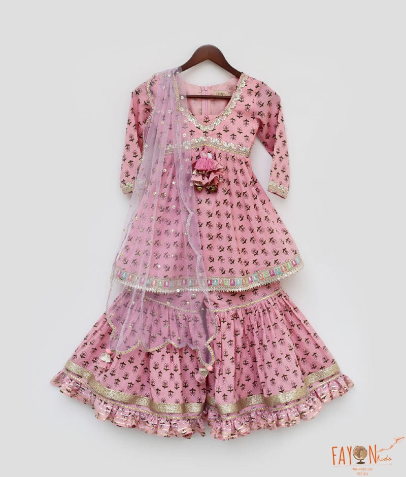Pink Printed Kurti Sharara Dupatta for Girls