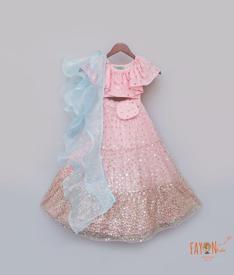 Pink Sequins Lehenga with Top Blue Organza Dupatta for Girls