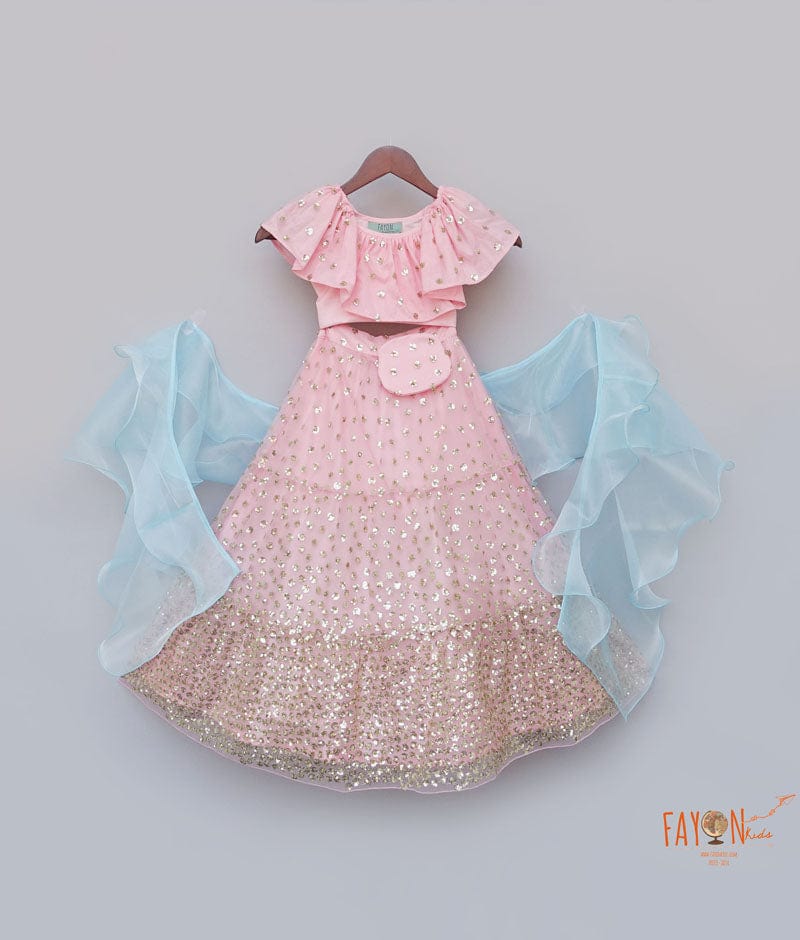 Pink Sequins Lehenga with Top Blue Organza Dupatta for Girls
