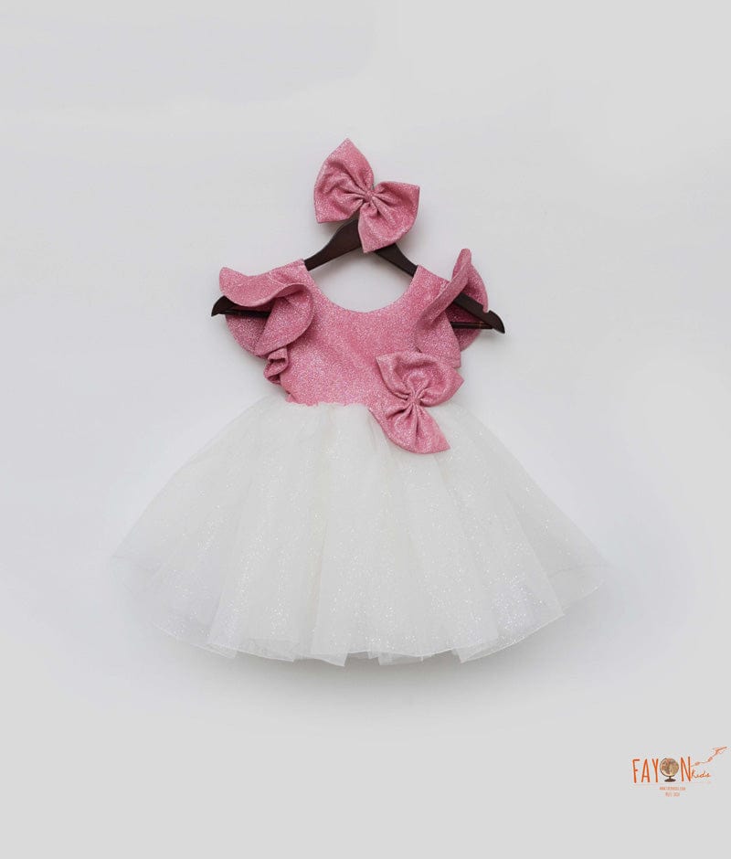 Pink Shimmer White Glitter Net Frock for Girls