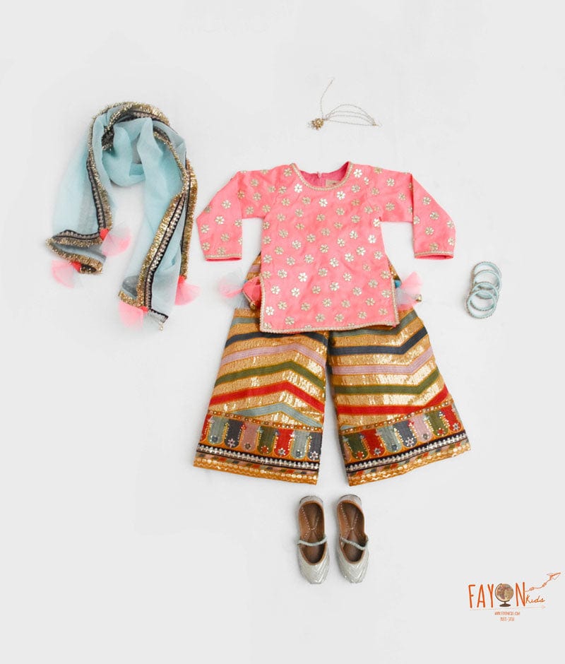 Pink Silk Kurti with Embroidery Sharara Organza Dupatta for Girls