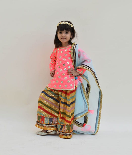 Pink Silk Kurti with Embroidery Sharara Organza Dupatta for Girls