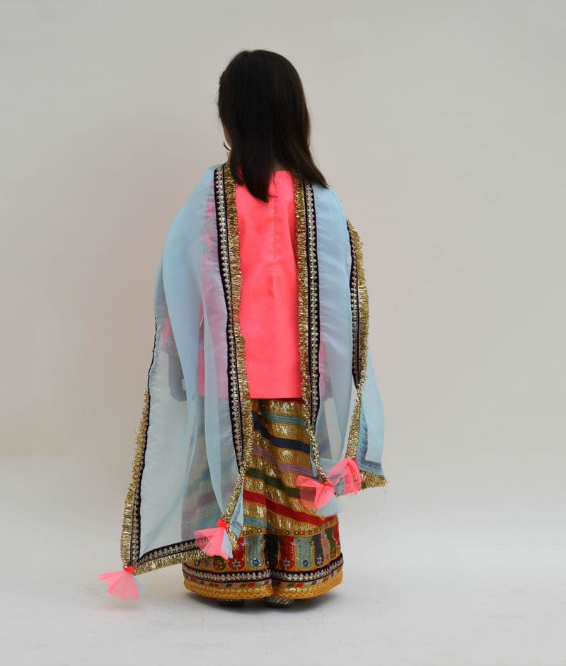 Pink Silk Kurti with Embroidery Sharara Organza Dupatta for Girls