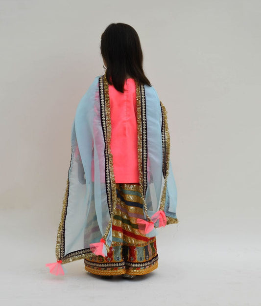 Pink Silk Kurti with Embroidery Sharara Organza Dupatta for Girls