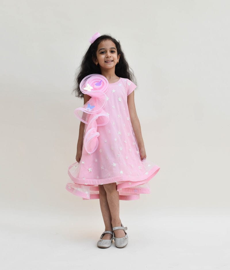 Pink Star Net High Low Dress for Girls