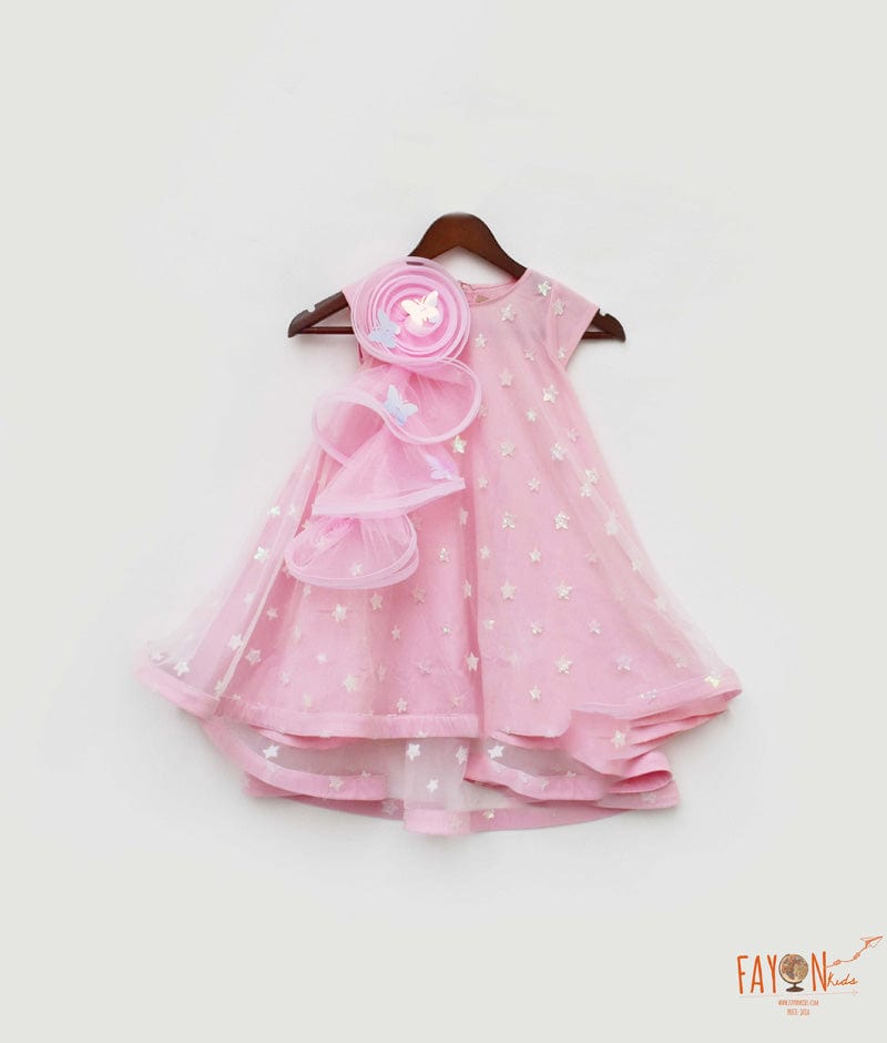 Pink Star Net High Low Dress for Girls
