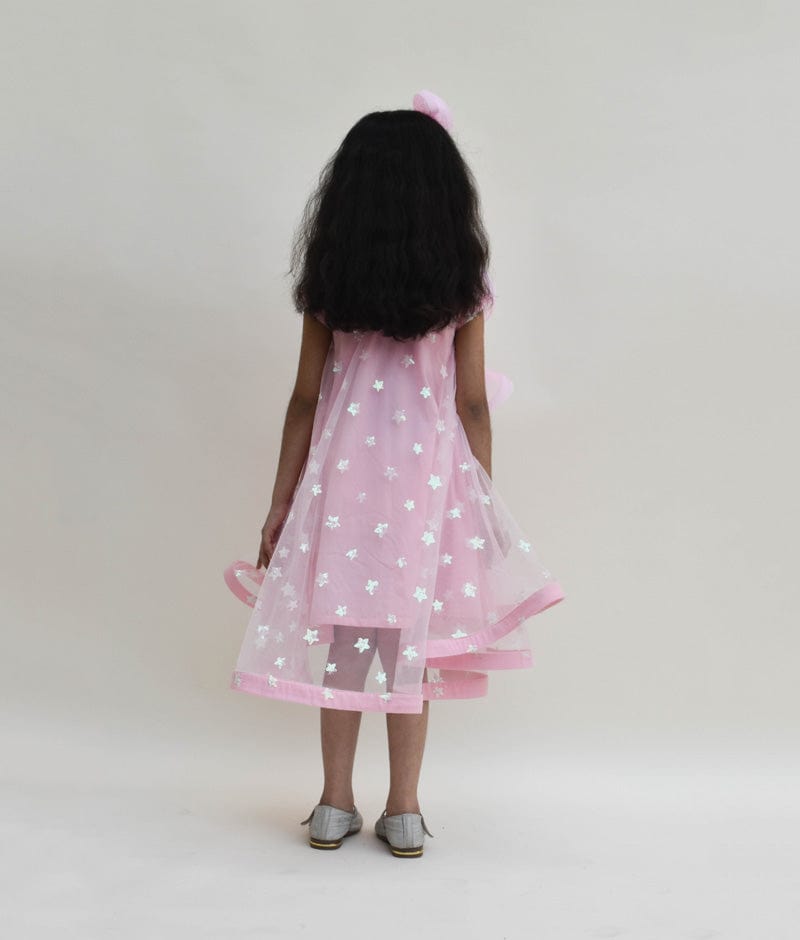 Pink Star Net High Low Dress for Girls