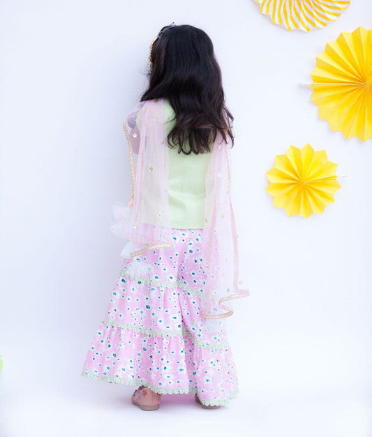 Pista Green Cotton Silk Pink Printed Sharara with Kurti Boti Net Dupatta for Girls