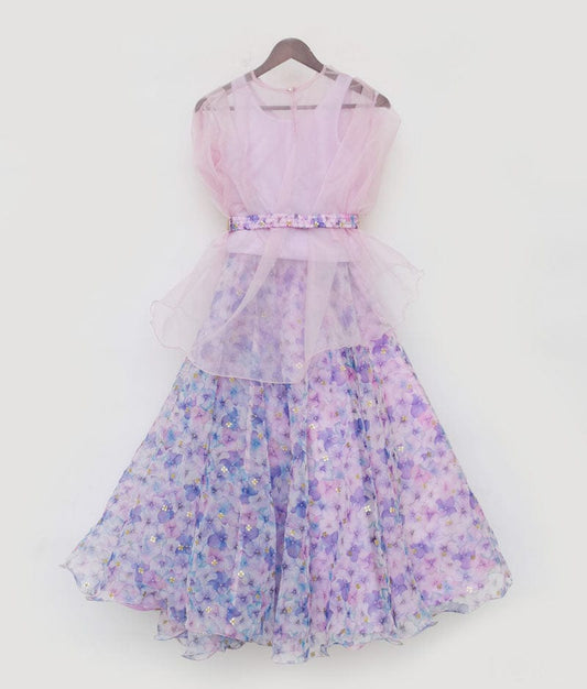 Purple Floral Print Organza Lehenga and Cape for Girls