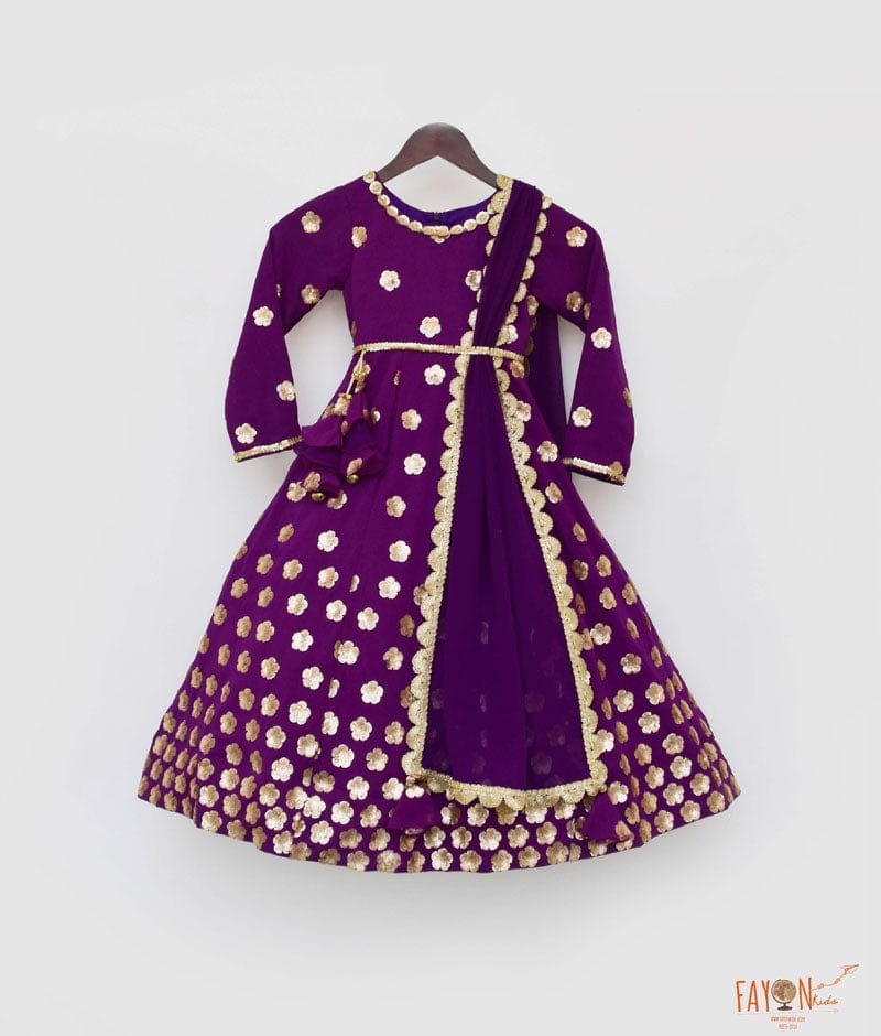 Purple Georgette Sequins Flowers Embroidery Anarkali with Georgette Dupatta for Girls