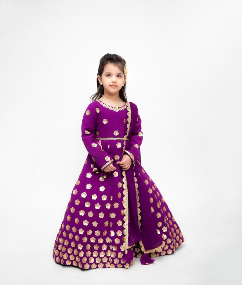 Purple Georgette Sequins Flowers Embroidery Anarkali with Georgette Dupatta for Girls