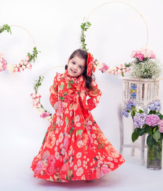 Red Floral Gown for Girls