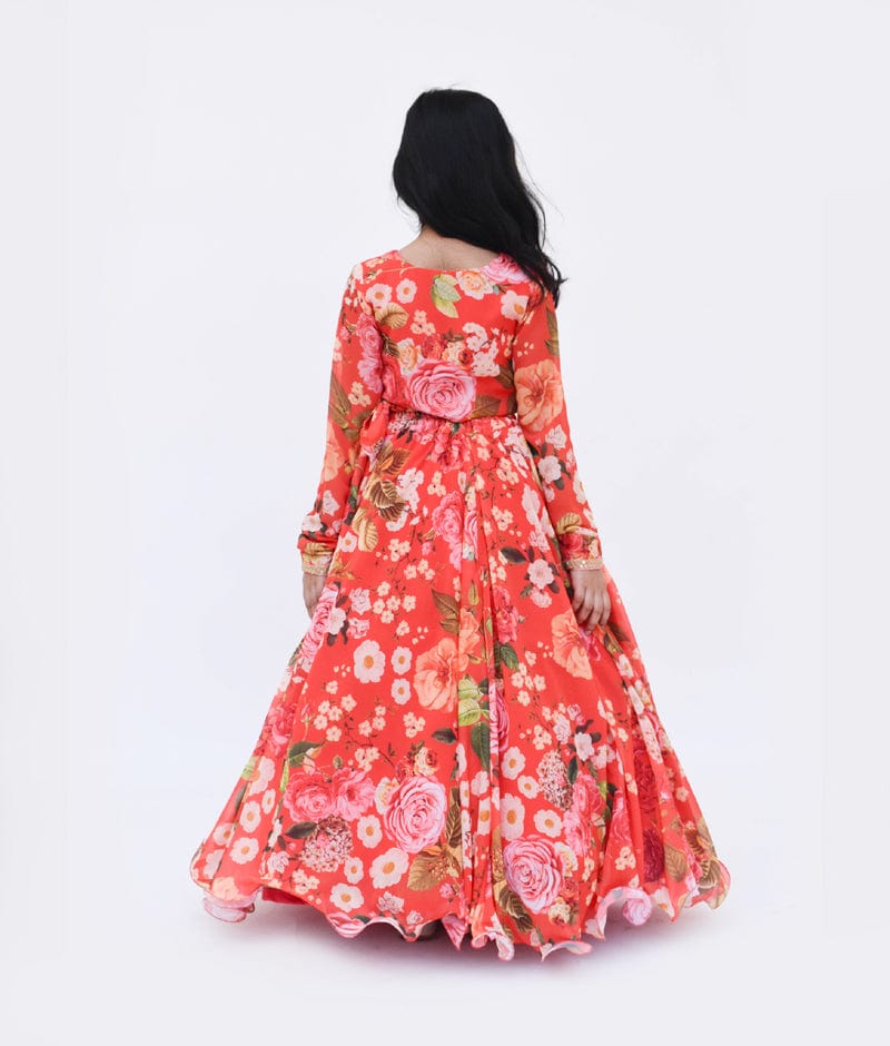 Red Floral Print Lehenga Choli for Girls