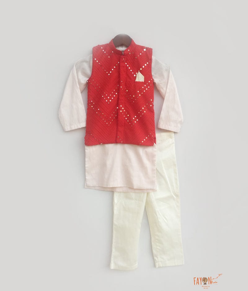 Red Mirror Work Jacket with Pink Kurta Pant for Boys