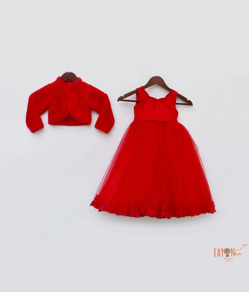 Red Net Gown with Shrug for Girls