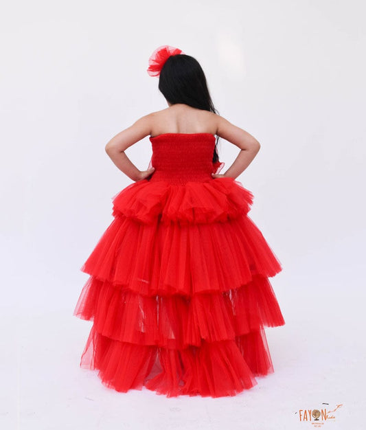 Fayon Kids Red Net High Low Dress for Girls