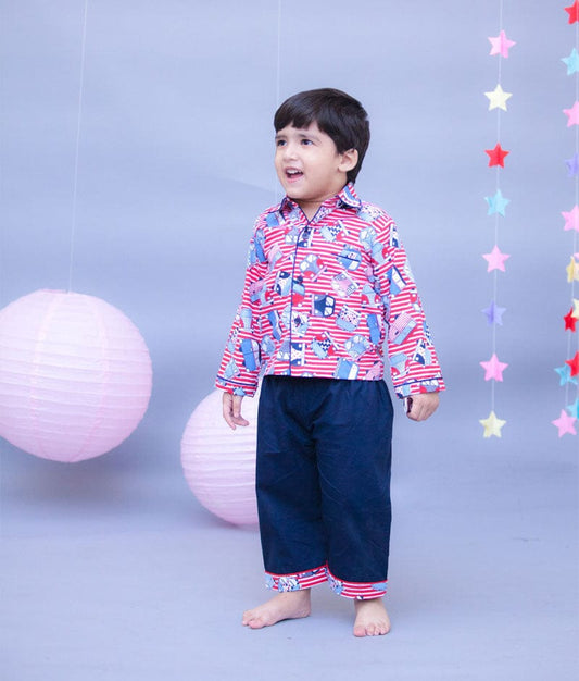 Red Printed Shirt with Blue Pant for Boys