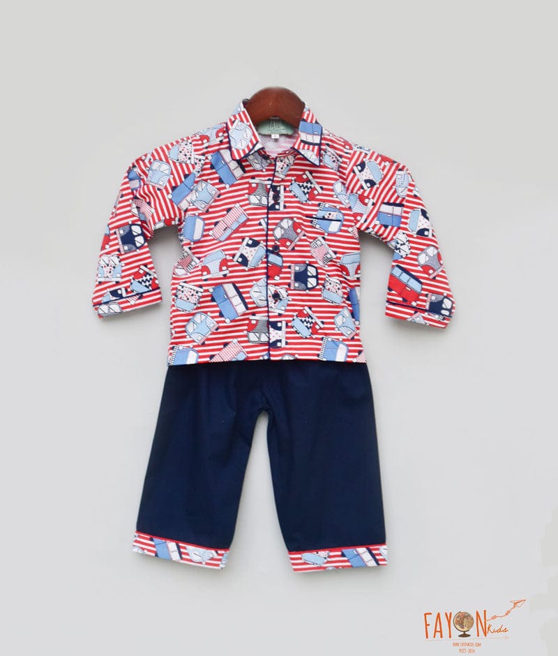 Red Printed Shirt with Blue Pant for Boys