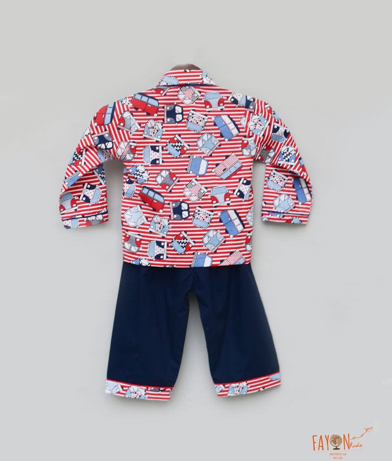 Red Printed Shirt with Blue Pant for Boys