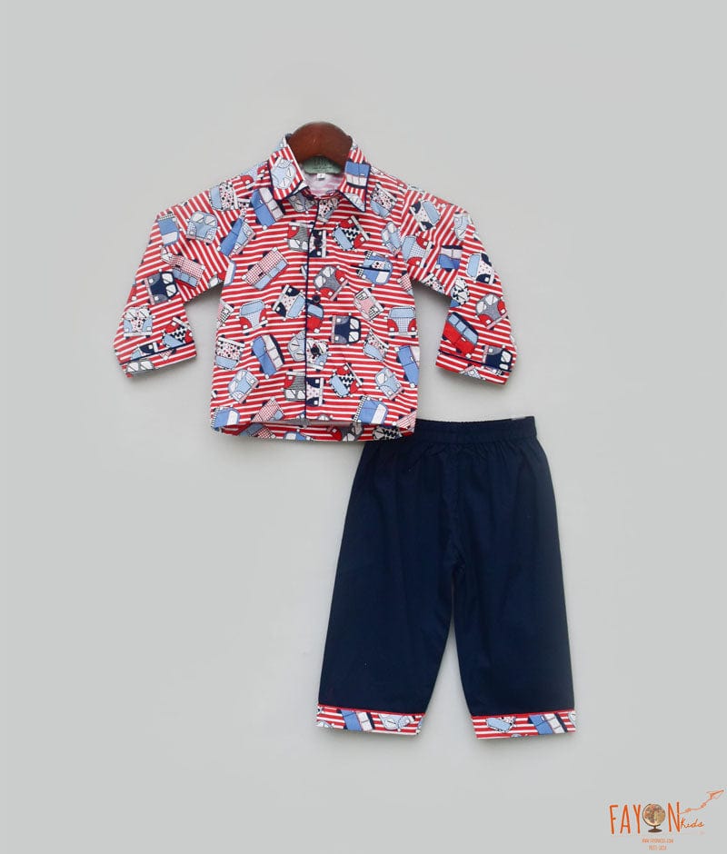 Red Printed Shirt with Blue Pant for Boys
