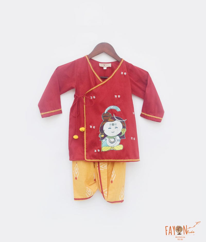 Red Silk Kurta with Yellow Printed Dhoti for Boys