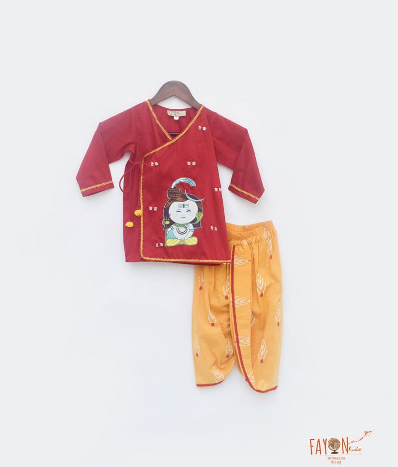 Red Silk Kurta with Yellow Printed Dhoti for Boys