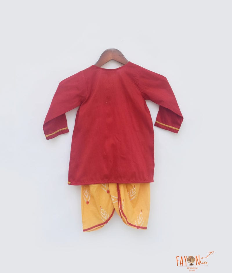 Red Silk Kurta with Yellow Printed Dhoti for Boys