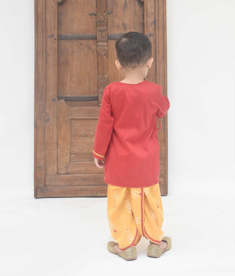 Red Silk Kurta with Yellow Printed Dhoti for Boys