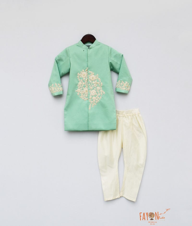 Sea Green Embroidery Achkan with Chudidar for Boys