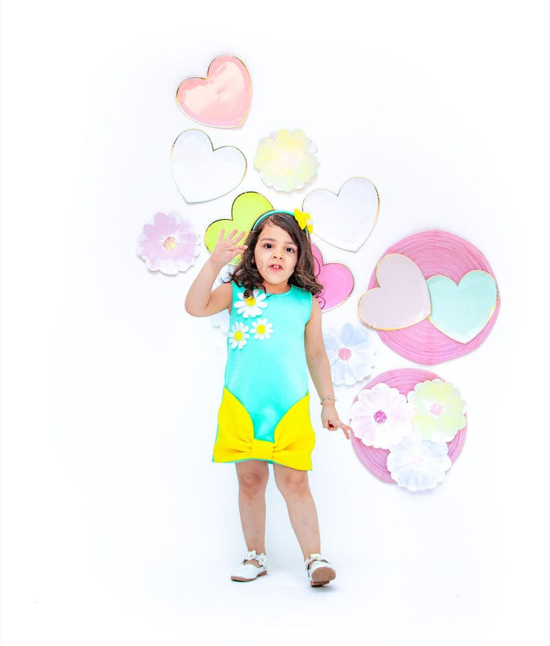 Sea Green Lemon Yellow Lycra Dress for Girls