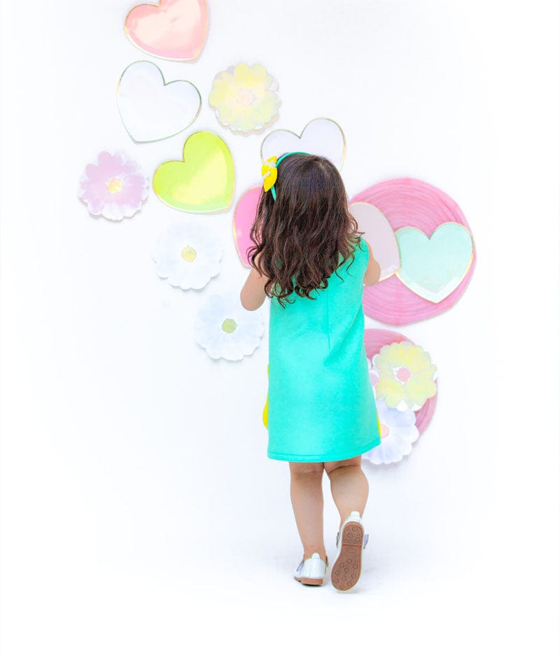 Sea Green Lemon Yellow Lycra Dress for Girls