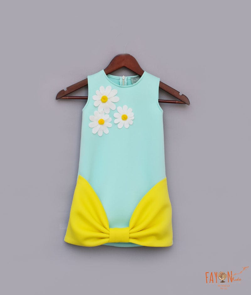 Sea Green Lemon Yellow Lycra Dress for Girls