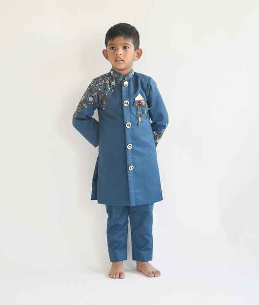 Teal Blue Embroidery Achkan and Pant for Boys