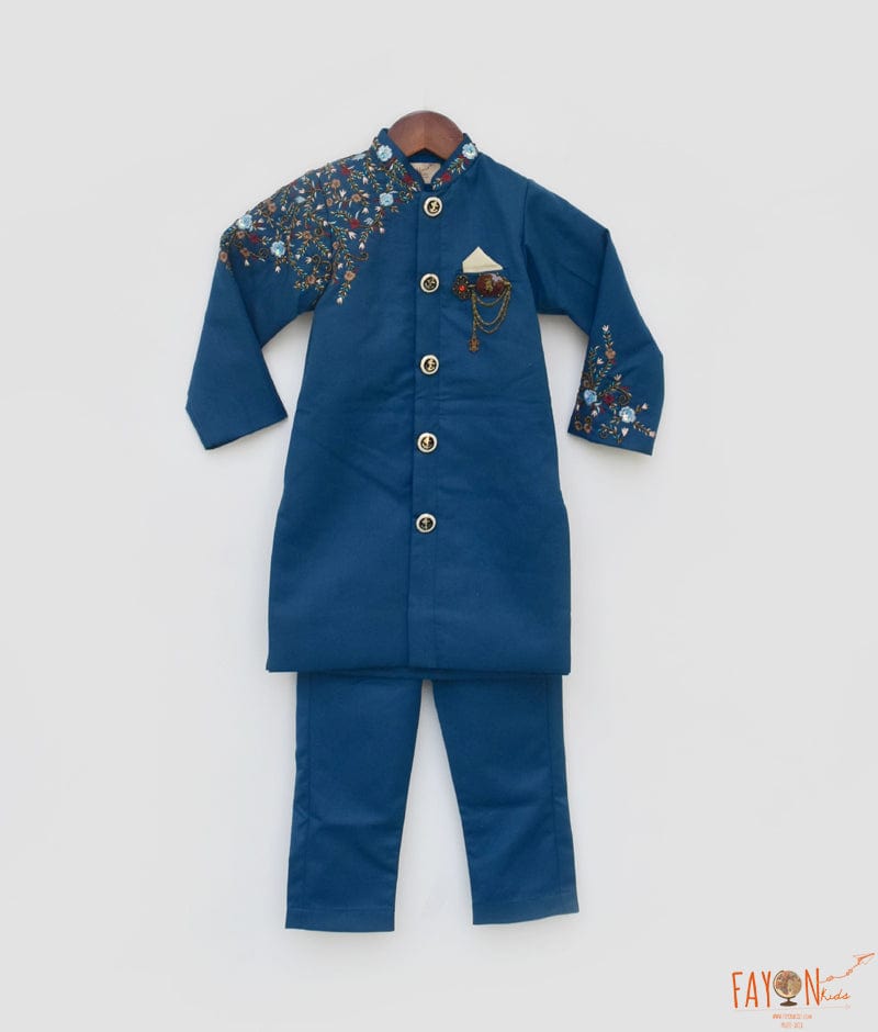Teal Blue Embroidery Achkan and Pant for Boys