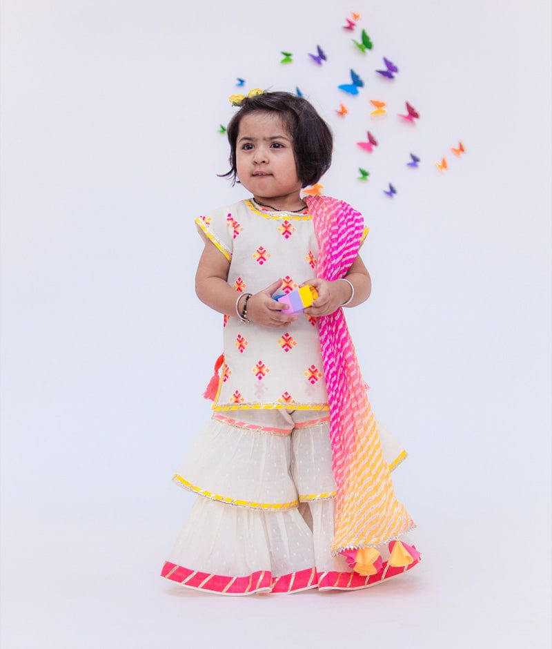 White Cotton Multi Color Booti Sharara with Kurti Leheriya Dupatta for Girls