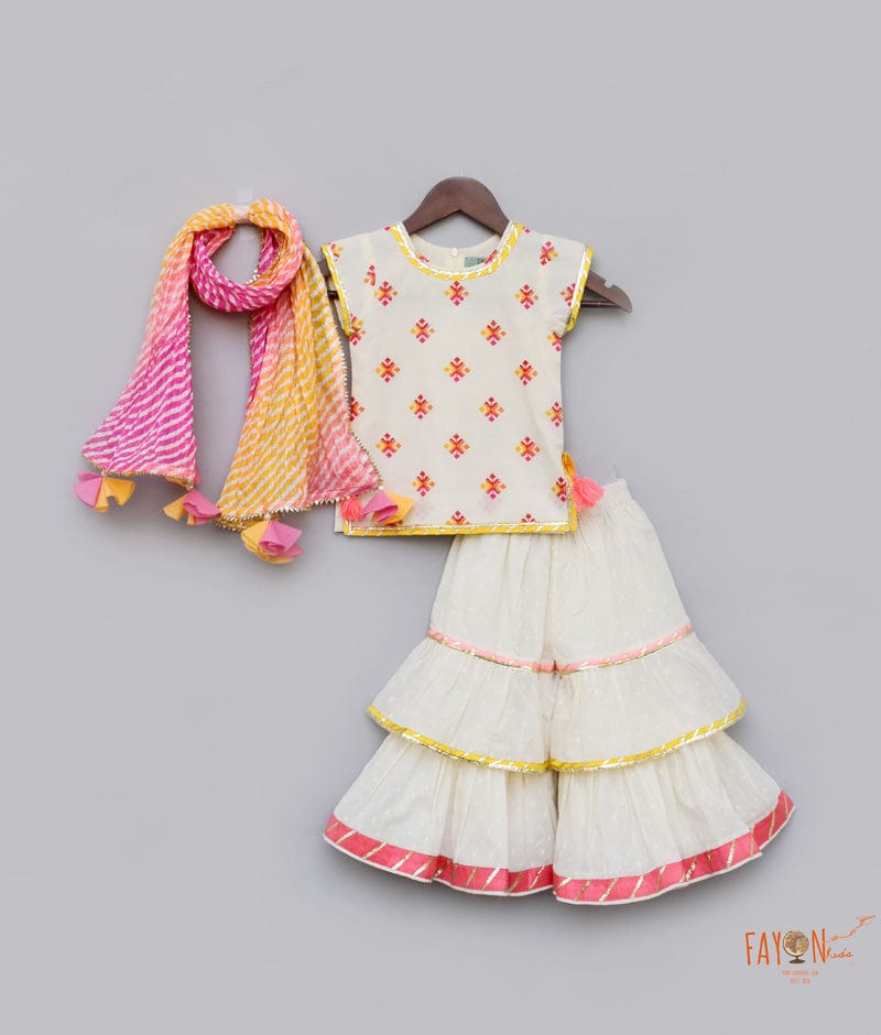 White Cotton Multi Color Booti Sharara with Kurti Leheriya Dupatta for Girls