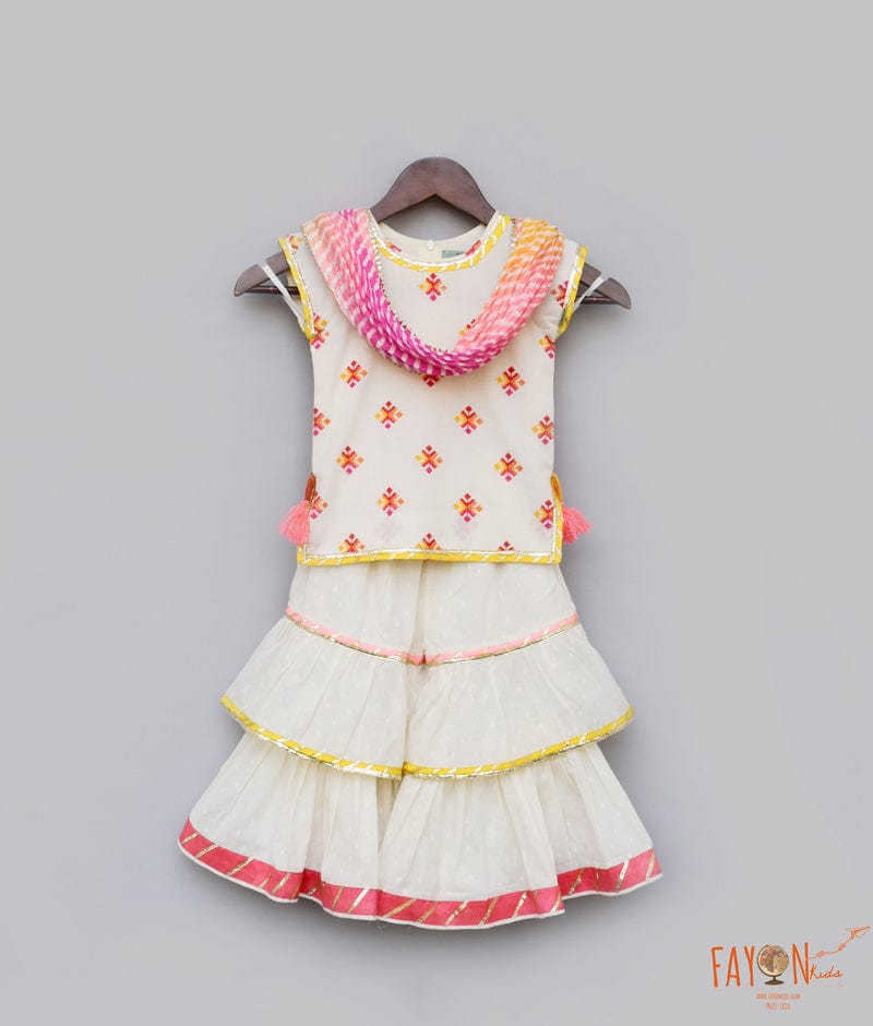 White Cotton Multi Color Booti Sharara with Kurti Leheriya Dupatta for Girls